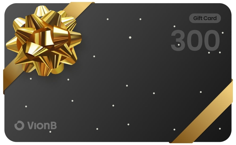 A digital graphic of a sleek black VionB gift card adorned with a shiny golden bow and ribbon, scattered white dots, and a prominent 300 value.